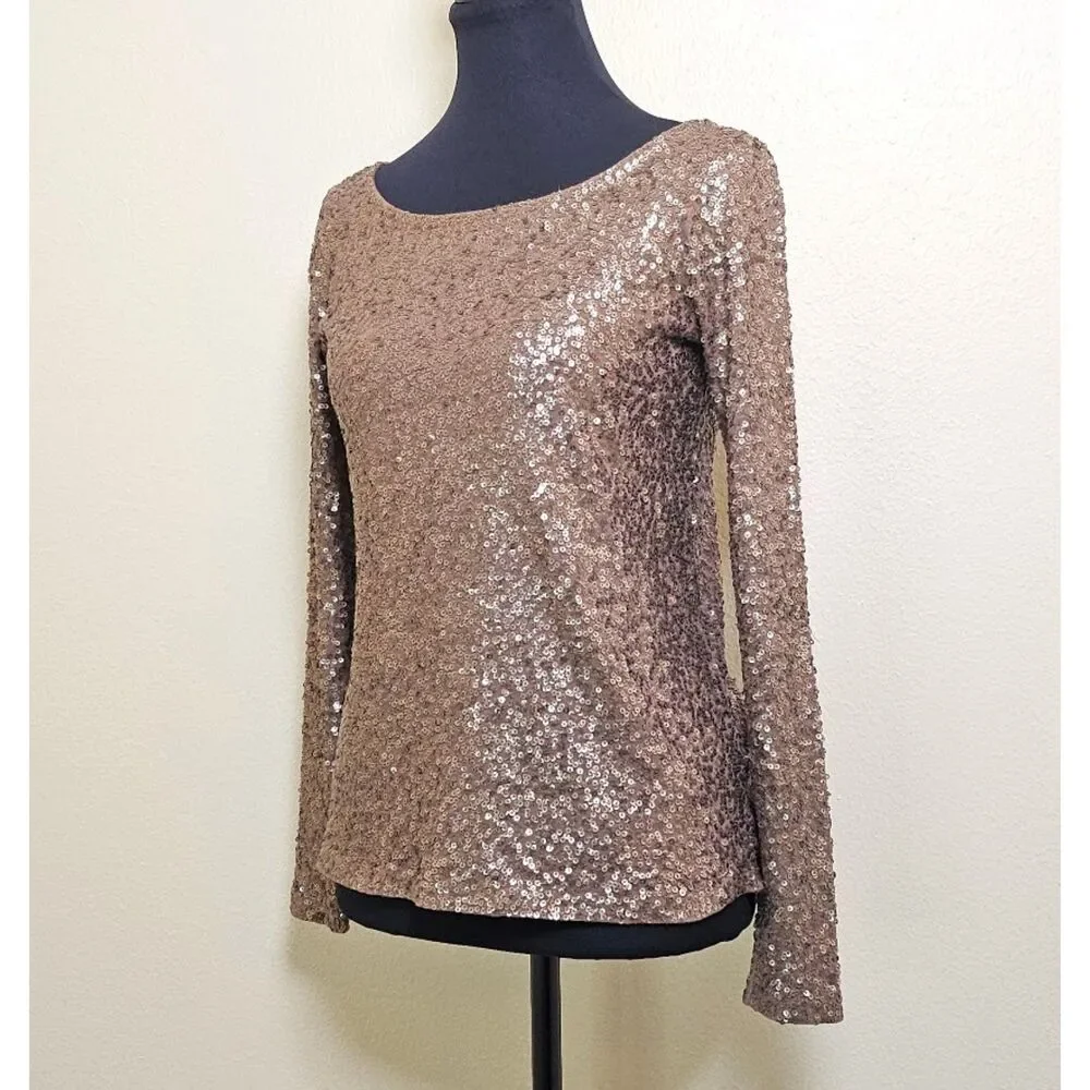 J.Crew Taupe Bronze Sequin Long Sleeve Blouse Top Size XS